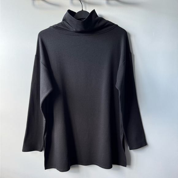 Eileen Fisher Cozy Brushed Terry Funnel Neck Box-Top - Black - Size S/P